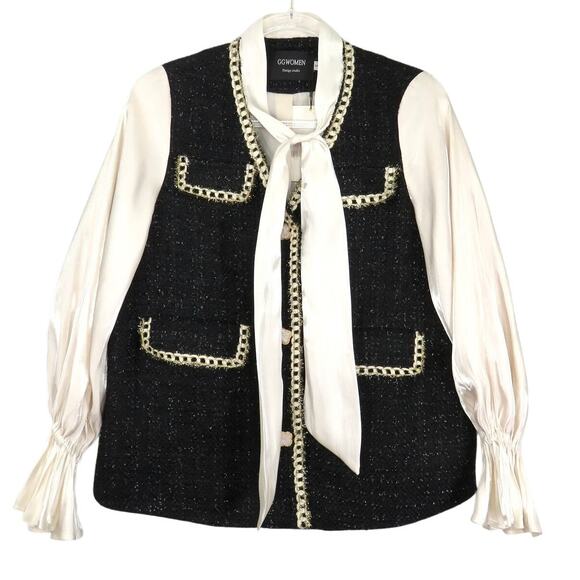 GG Women Tweed Preppy Glam Layered Puff Sleeve Blouse Small - Picture 2 of 7